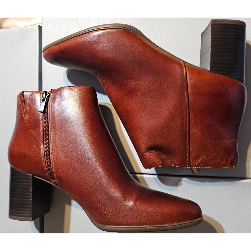 Rockport TN Lynix Bootie Havane Leather Block Heel Zip Ankle Boots Womens 9.5W